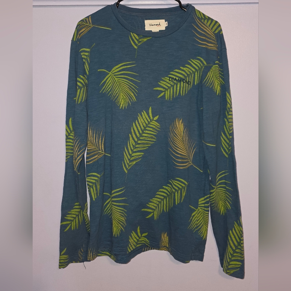 Blue Long Sleeve Shirt with Green Leaf Print